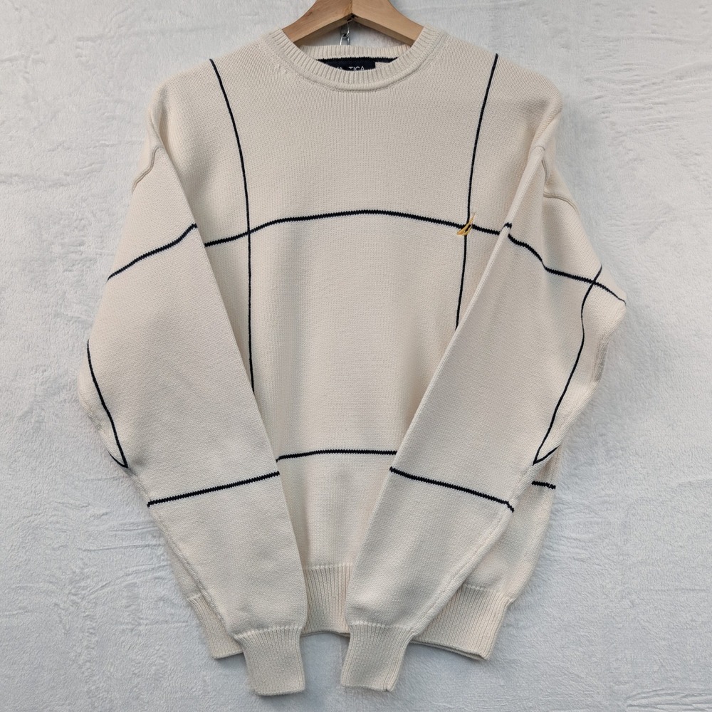 VTG Nautica Sweater Men's Small Cream Windowpane Preppy Crewneck Embroidered 90s